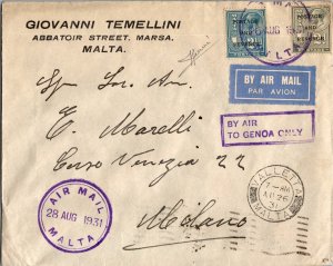 1931 Valleta Malta G Temellini Airmail FFC First Fligth Cover To Milano Italy