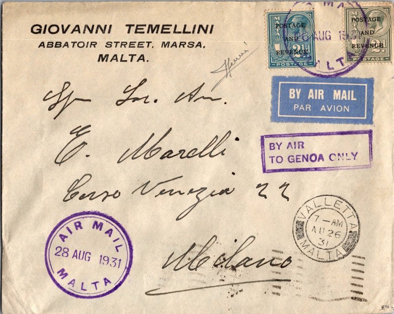 1931 Valleta Malta G Temellini Airmail FFC First Fligth Cover To Milano Italy