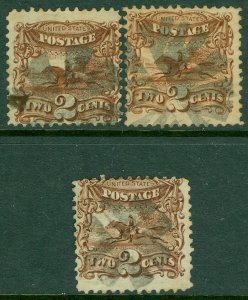 EDW1949SELL : USA 1869 Scott #113. 3 stamps Used. Fancy cancels. Sound Cat $255+ 