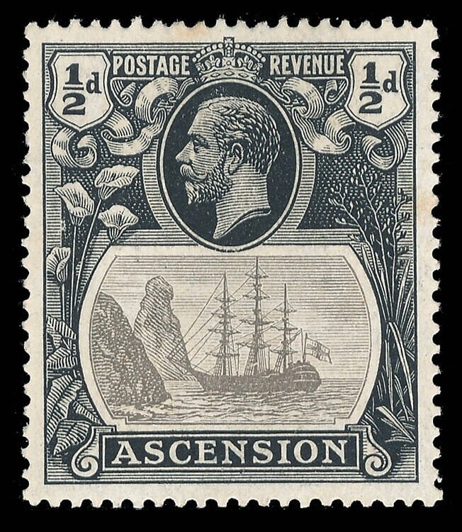 Ascension 1924 KGV ½d  Badge issue Row 2/1 BROKEN MAINMAST fine mint. SG 10a.