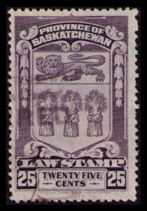 SASKATCHEWAN REVENUE TAX 1908 VINTAGE 25c #SL36 VF SCARCE LAW STAMP  USED