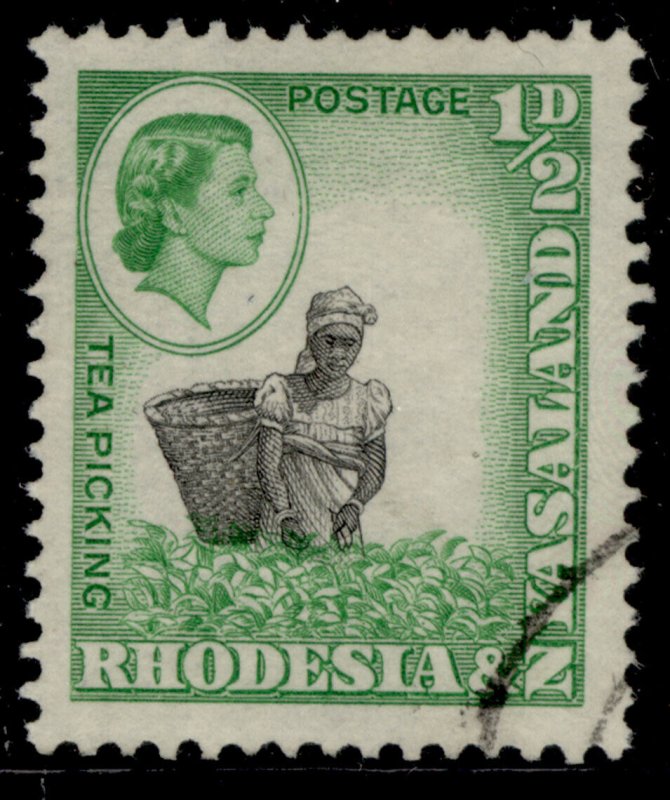 RHODESIA & NYASALAND QEII SG18, ½d black & light emerald, FINE USED.