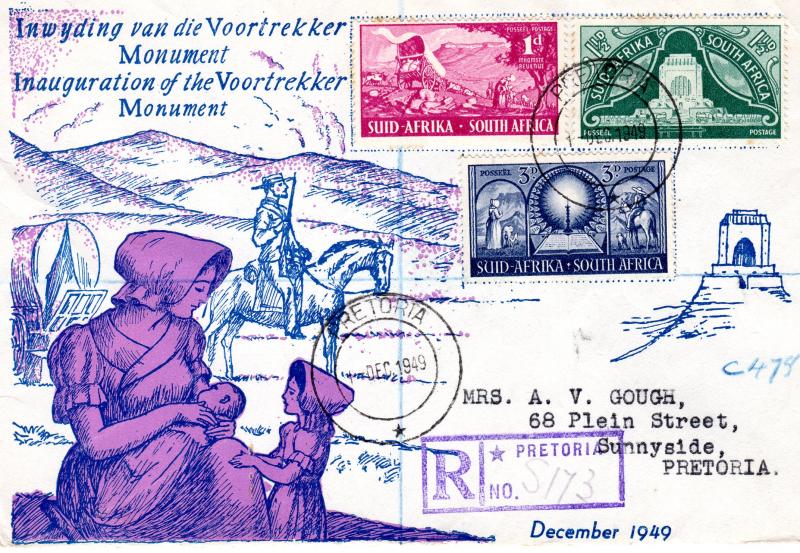 South Africa 1949 The Voortrekkers F.D.C. Registered to Pretoria History