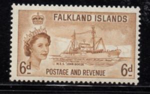 Falkland Islands Sc 125 1955 6d QE II & ship stamp mint