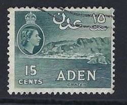 Aden Sc #50a: Queen Elizabeth II Pictorials 15c 1959 Used. CV $6