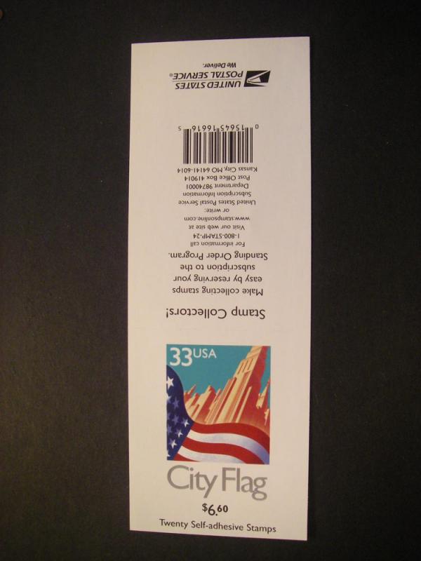 Scott 3278Fg, 33c Flag over City, Pane of 20, #V2243, MNH Beauty
