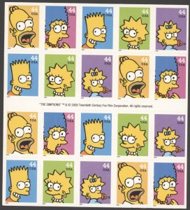 2009 US Scott #4399 - 4403 44c The Simpsons (Lisa) Pane of 20 Stamps MNH