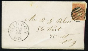 US 1860's MILTON, WI FANCY CANCEL ON 3c WASH. COVER TO NY