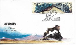 CHILE 1988 RAILWAYS LOCOMOTIVES TRAINS PAIR ON FIRST DAY COVER FDC