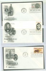 US 1326-28 1967 3 U/A Artcraft FDCs Lions Int, Henry David Thoreau, Nebraska statehood.