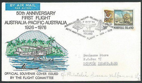 NORFOLK IS 1976 50th Anniv first flight commem cover and postmark..........43056