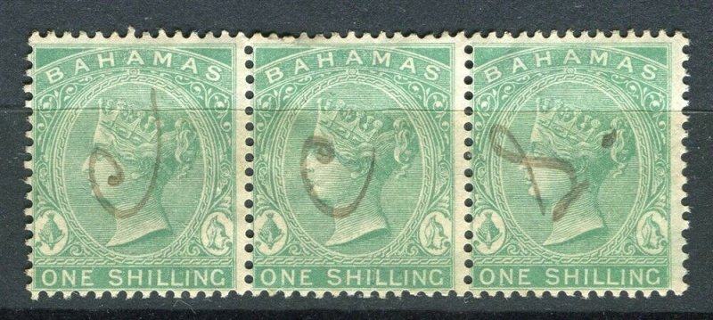 BAHAMAS; 1865- classic QV Crown CC Revenue used Shade of 1s. STRIP