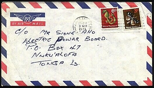 NEW ZEALAND TO TONGA 1973 9c rate airmail cover - 6c Seahorse + 3c moth....97306