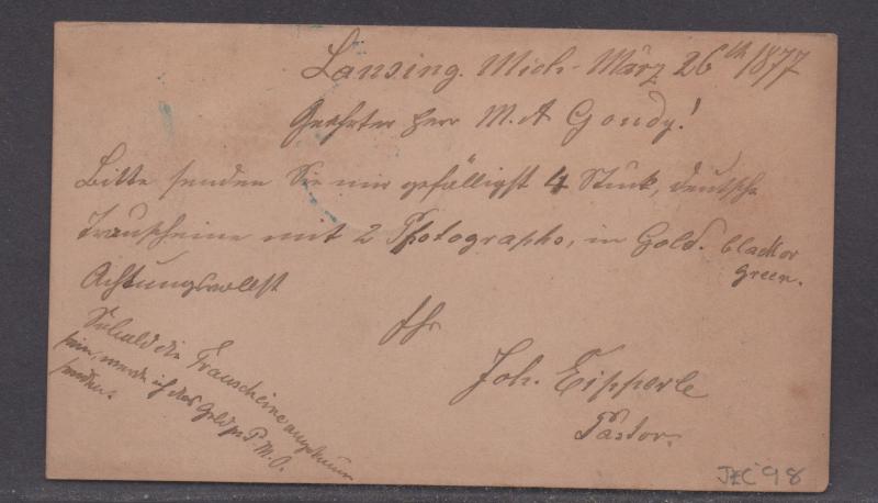 **US 19th Century Postal Stationery Cover, SC# UX5, FC, Lansing, MI To St. Louis