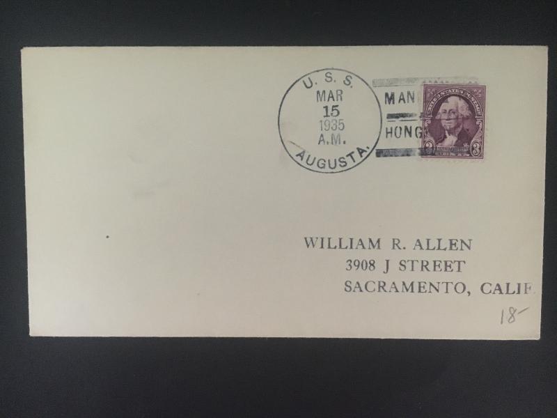 1935 US Navy Post Office Hong Kong China Cover to Sacramento USA USS Augusta