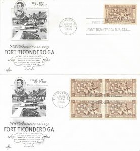 1955 FDC, #1071, 3c Fort Ticonderoga, Art Craft, single/block of 4