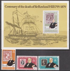 FALKLAND ISLANDS  1979 DEATH CENTENARY OF SIR ROWLAND HILL - 3 STAMPS + 1-MS MNH