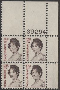 SC#1822 15¢ Dolley Madison Plate Block: UR#39294 (1980) MNH