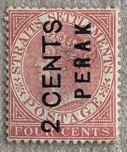 Perak rare 1883 2c with certificate. No gum, thin. Scott 12a, CV $1250.00. SG 15