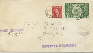 10c Special Delivery + 3c surface rate to USA 1942  cover Canada