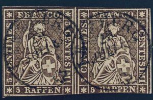 1857 Switzerland 5r Seated Helvetia Pair Augsburg CDS Cancellation SC#32