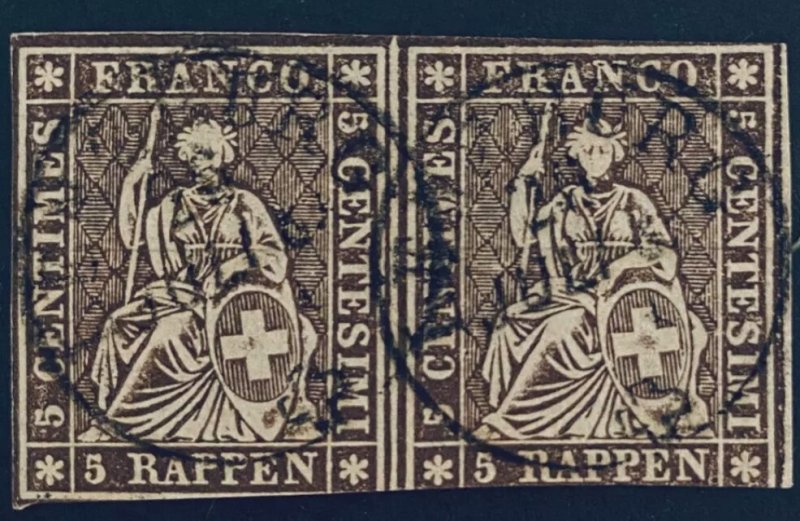 1857 Switzerland 5r Seated Helvetia Pair Augsburg CDS Cancellation SC#32