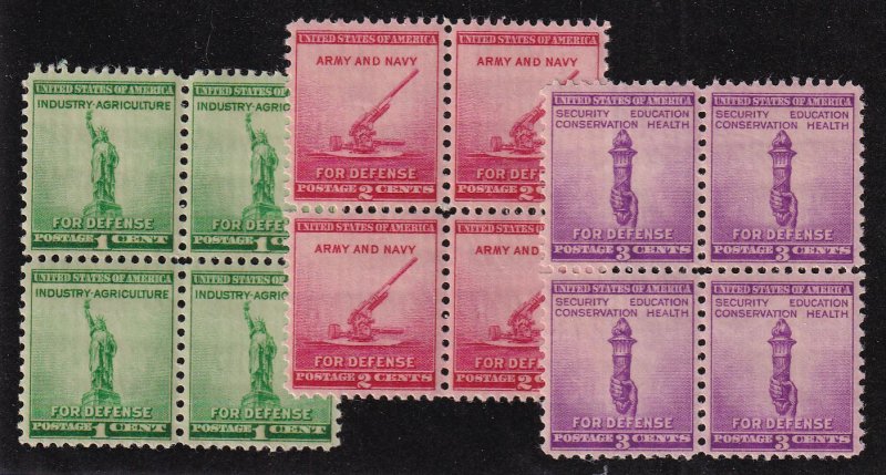 1940 Defense Sc 899 900 901 MNH set of 3 blocks of 4 (BC