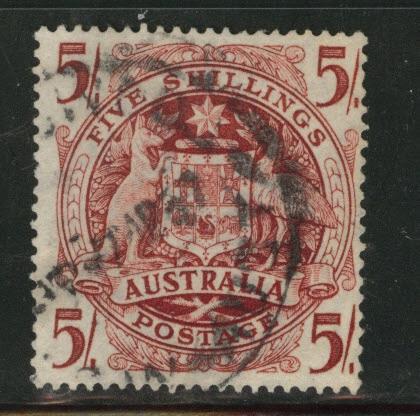  AUSTRALIA Scott 218 used 5sh coat of arms stamp 1949