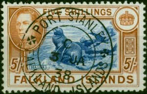 Falkland Is 1938 5s Blue & Chestnut SG161 V.F.U 'Port Stanley 3 JAN 38' 1st D...