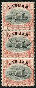 Labuan SG94a 8c Rose-red Perf 15 used (crease and small thin) STRIP of THREE