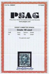 SC# 14 USED 10 CENT WASHINGTON, 1855, C.D.S. CANCEL, 2020 PSAG CERT GRADED XF 90