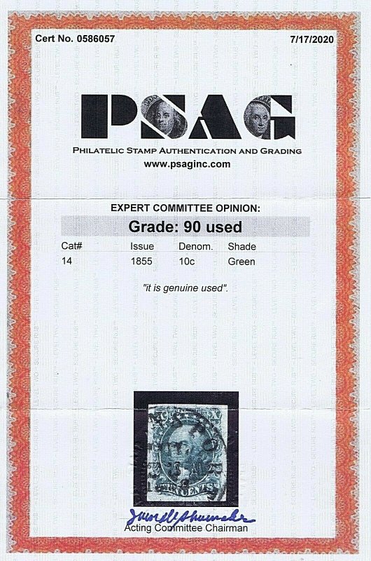 SC# 14 USED 10 CENT WASHINGTON, 1855, C.D.S. CANCEL, 2020 PSAG CERT GRADED XF 90