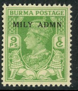 BURMA 1945 KGVI 9p Yellow Green MILY ADMN Overprint Scott No. 38 MNH