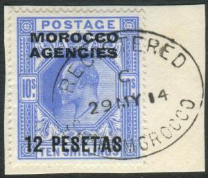 MOROCCO AGENCIES-1912 12p on 10/- Blue fine used example on small piece Sg 125