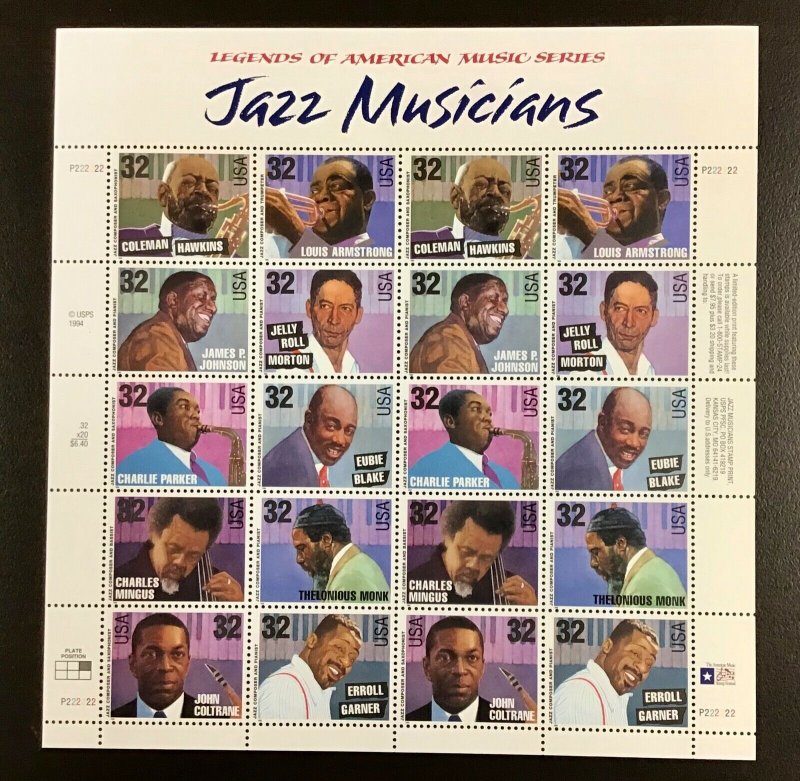 2983-92 Jazz Musicians   MNH 32 c  sheet of 20  FV $6.40  Issued in  1995.