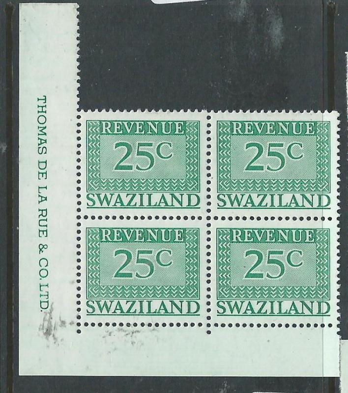 SWAZILAND (P1907B) MODERN REVENUE 25C DE LA RUE IMPRINT BL OF 4     MNH