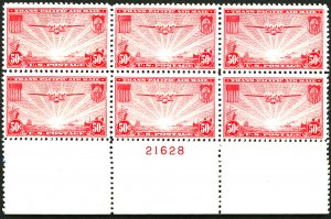 U.S. #C22 MINT PL# BLOCK OF 6 OG LH SLIGHT PERF SEPERATIONS