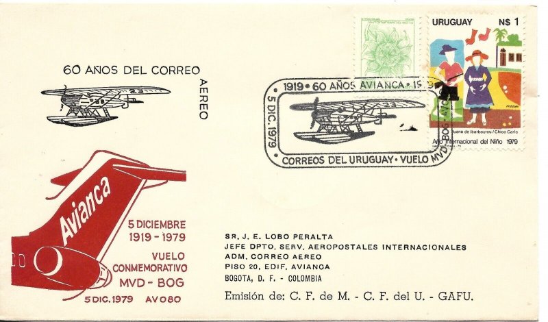 URUGUAY 1979 COVER WITH SPECIAL POSTMARK AVIANCA AIRLINES MEMORIAL FLIGHT CIRC