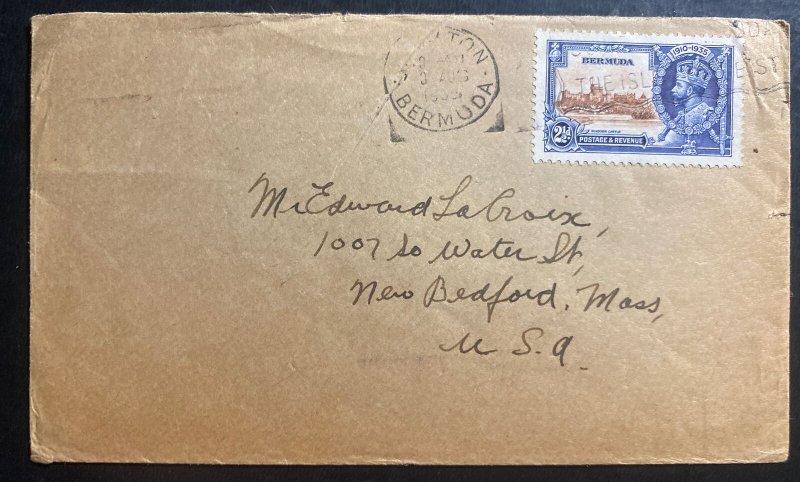 1935 Hamilton Bermuda Cover To New Bedford MA USA Silver Jubilee Stamp