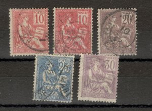 FRANCE - 5 USED DEFINITIVE STAMPS - Mi.No. 91 I / 95 I - 1900.