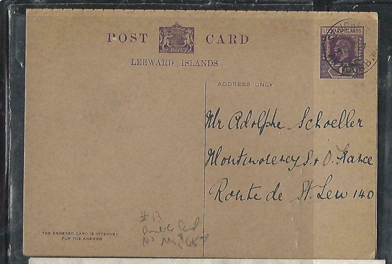 LEEWARD ISLANDS (P2808BB)  1925 KGV 1D REPLY  PSC FROM ST JOHNS TO USA NO MSG