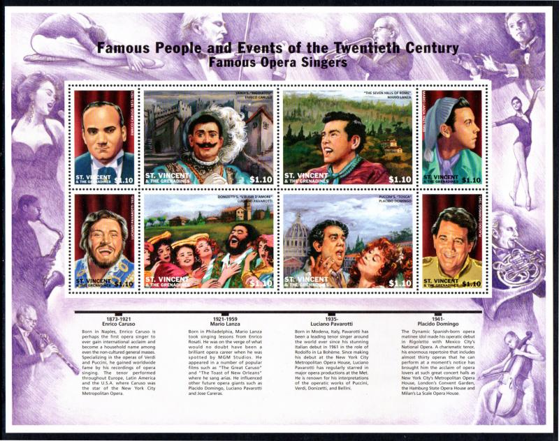 ST. VINCENT 2509-2510 MNH S/S SCV $14.30 BIN $8.50 OPERA SINGERS