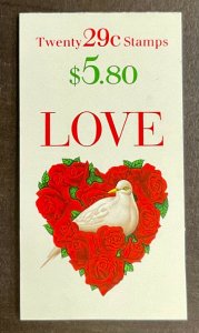 BK214 Love & Dove Roses Booklet of 20  29 c  FV $5.80 LOVE STAMPS