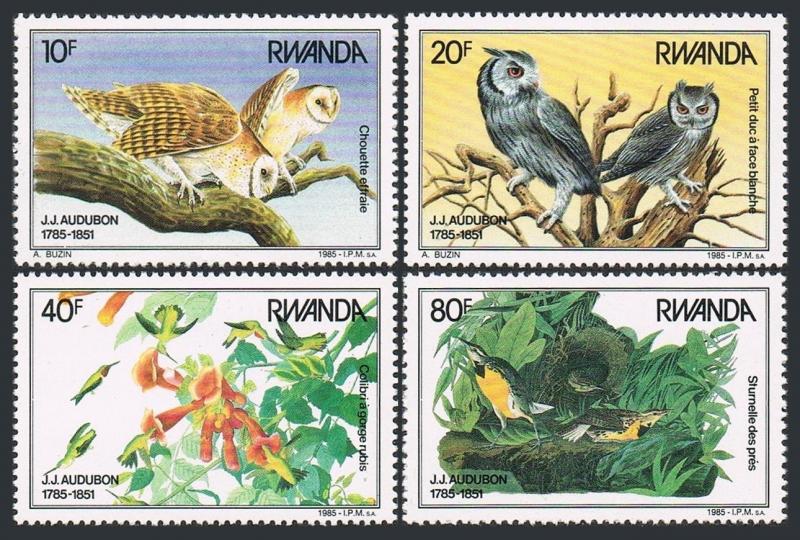 Rwanda 1226-1229,MNH.Michel 1310-1313. Audubon's birds 1985.Owls,Hummingbird,