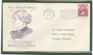 US 784 1936 3c Susan B. Anthony/ratification of nineteenth amendment on an addressed first day cover with a Grimsland cachet.