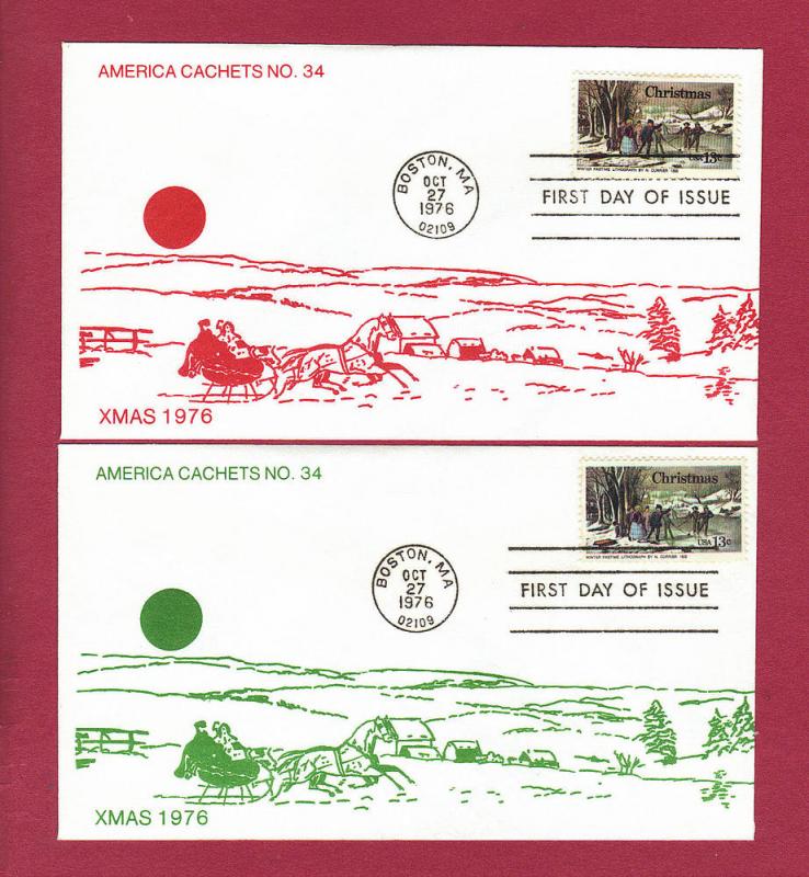 1976 13c CHRISTMAS, The Road-Winter #1551, 2 FDCs, America