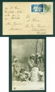 Denmark. 1908 Christmas Card 5 Ore + Seal. Helsingor. Children, Snowman. Hornbek