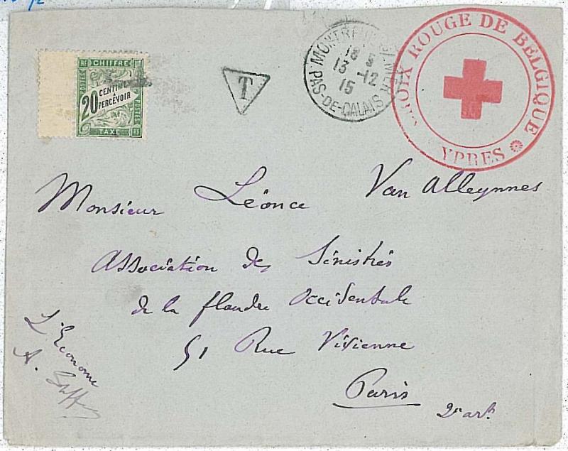 RED CROSS -  POSTAL HISTORY: TAXED COVER from BELGIUM to FRANCE  1915