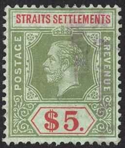 Straits Settlements Sc# 167 Used 1915 $5 green & red, green KGV