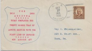 1938 USS Arizona BB-39 22nd Anniversary to York, Pa Meisenhelder cachet (N7850)